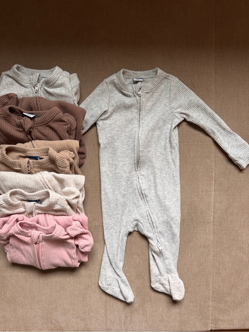 Old Navy Ribbed Zipper Footed One-Piece - Light Gray, Brown, Tan, Pink